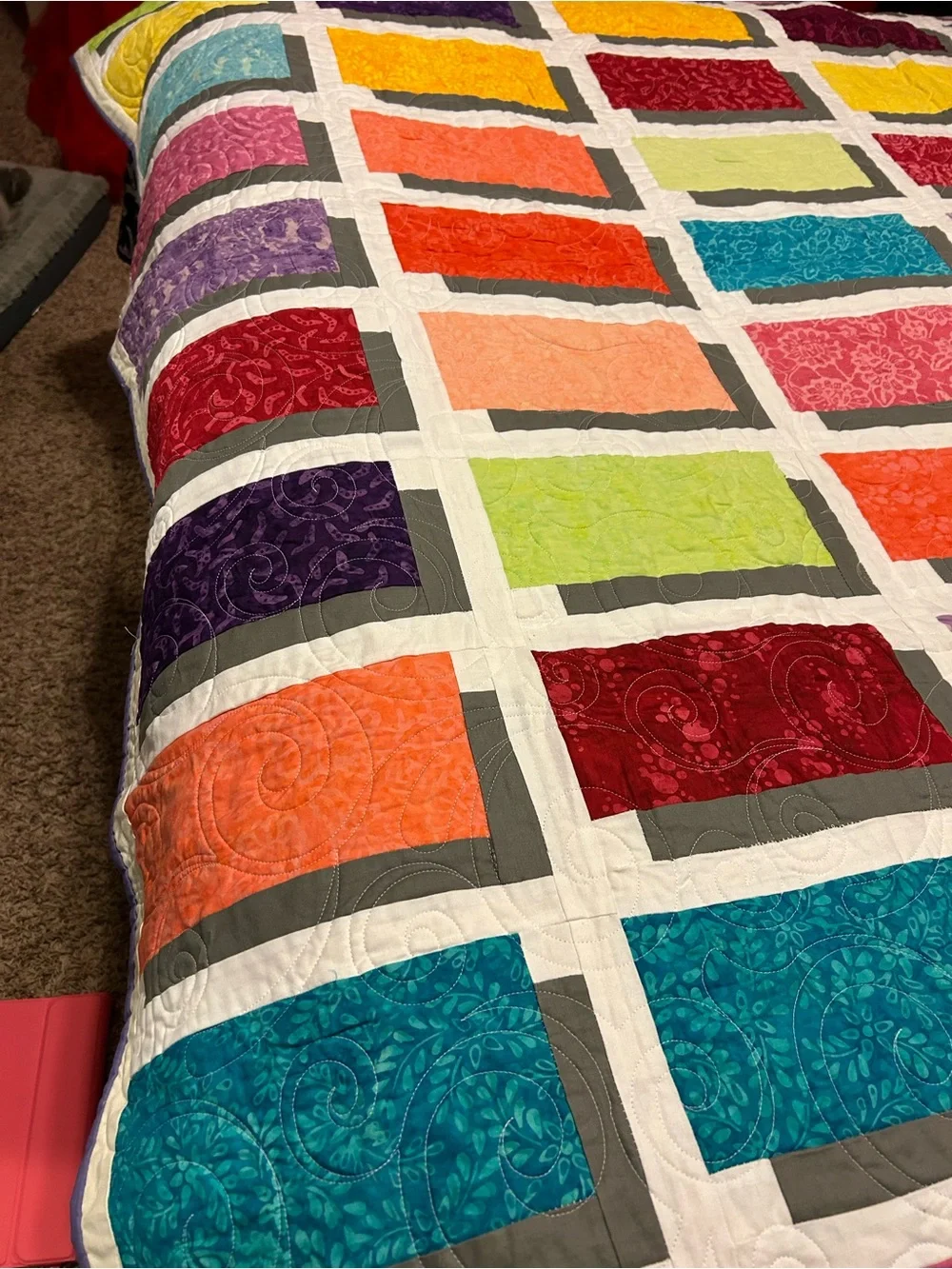 ONE OF A KIND- HANDCRAFTED Block& Shadow Quilt - Multicolor